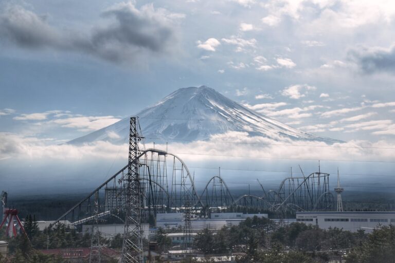 Roller coaster at Fuji-Q Highland with Mount Fuji in the background